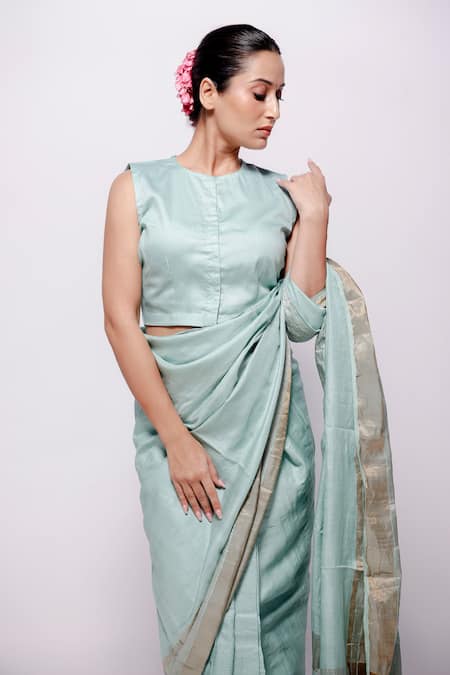Bihart Blue Silk Tassels Tarangini Zari Woven Saree With Unstitched Blouse Piece Online at Aza Fashions Bihart_Blue Silk Tassels Tarangini Zari Woven Saree With Unstitched Blouse Piece _Online_at_Aza_Fashions