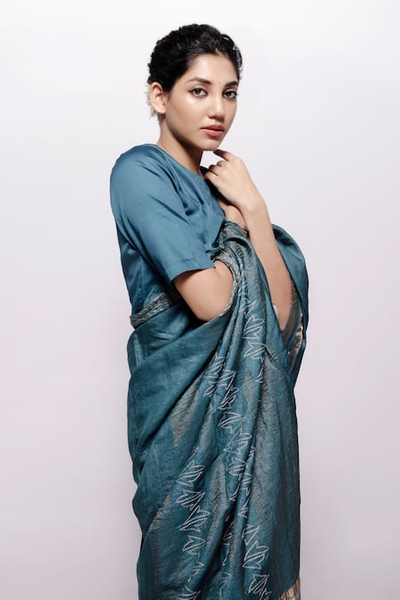 Bihart_Blue Silk Embroidery Tarangini Wild Saree With Unstitched Blouse Piece _Online_at_Aza_Fashions