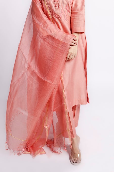 Bihart Peach Chanderi, Cotton, Kota Ibadatgah Applique Embroidered Kurta And Pant Set Online at Aza Fashions Bihart_Peach Chanderi, Cotton, Kota Ibadatgah Applique Embroidered Kurta And Pant Set _Online_at_Aza_Fashions