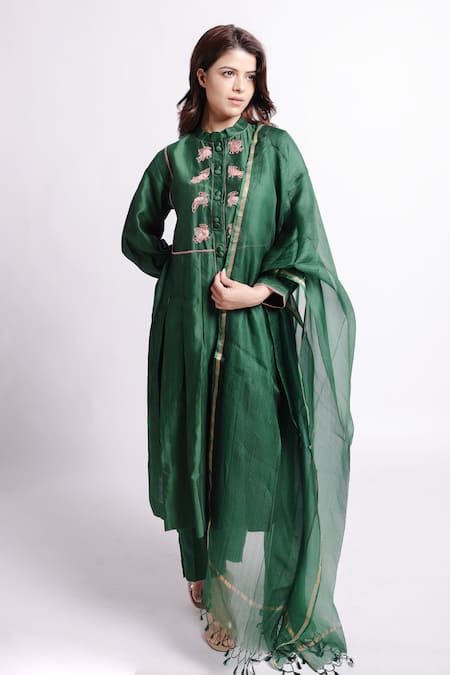 Bihart Green Kurta Chanderi Embroidery Bird Band Collar Anantha Applique And Pant Set 