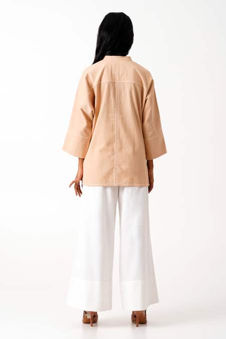 Shop Madder Much Brown Chanderi, Handloom Cotton Embroidery Bandeau Neck Bask Applique Top at Aza Fashions Shop_Madder Much_Brown Chanderi, Handloom Cotton Embroidery Bandeau Neck Bask Applique Top _at_Aza_Fashions