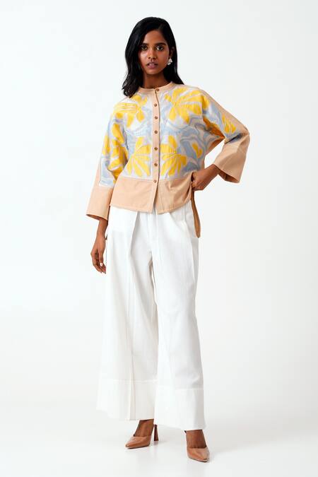 Shop Madder Much Brown Chanderi, Handloom Cotton Embroidery Bandeau Neck Bask Applique Top Online at Aza Fashions Shop_Madder Much_Brown Chanderi, Handloom Cotton Embroidery Bandeau Neck Bask Applique Top _Online_at_Aza_Fashions