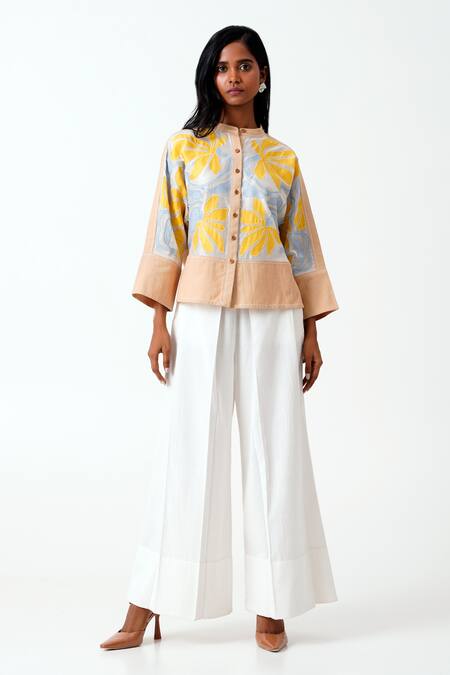 Madder Much Brown Chanderi, Handloom Cotton Embroidery Bandeau Neck Bask Applique Top at Aza Fashions Madder Much_Brown Chanderi, Handloom Cotton Embroidery Bandeau Neck Bask Applique Top _at_Aza_Fashions