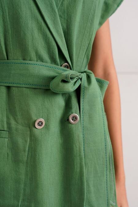 Madder Much_Green , Handloom Embroidery Berlin Retro Vest And Pant Set _Online_at_Aza_Fashions