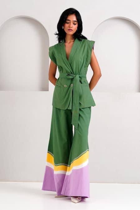 Shop_Madder Much_Green , Handloom Embroidery Berlin Retro Vest And Pant Set _Online_at_Aza_Fashions