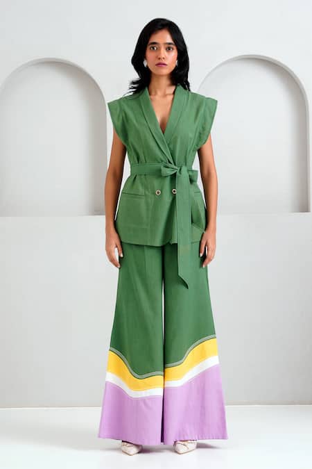 Buy_Madder Much_Green , Handloom Embroidery Berlin Retro Vest And Pant Set 