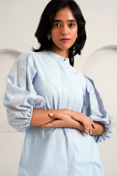 Buy Madder Much Blue Chanderi, Handloom Cotton Embroidery Oba Floral Top With Flared Pant Online at Aza Fashions Buy_Madder Much_Blue Chanderi, Handloom Cotton Embroidery Oba Floral Top With Flared Pant _Online_at_Aza_Fashions