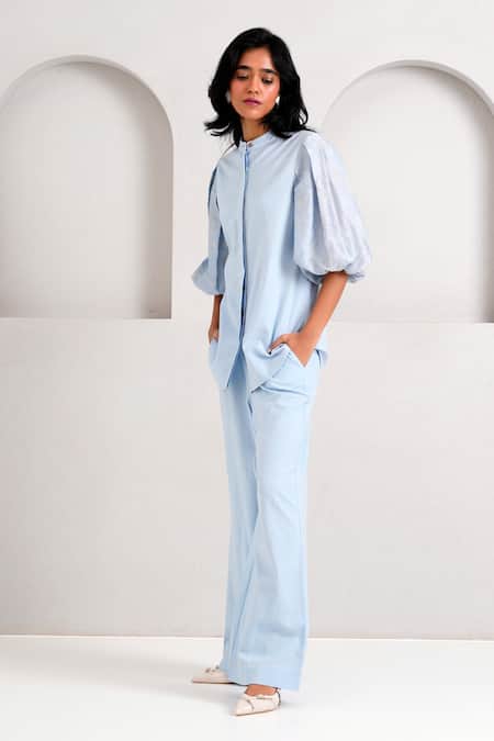 Madder Much Blue Chanderi, Handloom Cotton Embroidery Oba Floral Top With Flared Pant at Aza Fashions Madder Much_Blue Chanderi, Handloom Cotton Embroidery Oba Floral Top With Flared Pant _at_Aza_Fashions