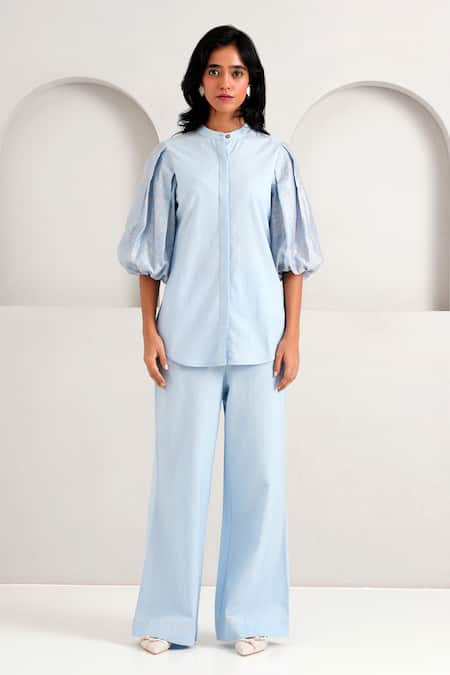 Buy Madder Much Blue Chanderi, Handloom Cotton Embroidery Oba Floral Top With Flared Pant Buy_Madder Much_Blue Chanderi, Handloom Cotton Embroidery Oba Floral Top With Flared Pant