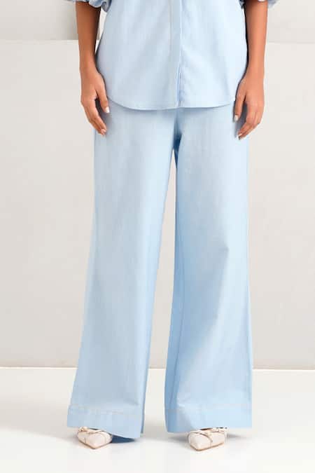 Shop Madder Much Blue Chanderi, Handloom Cotton Embroidery Oba Floral Top With Flared Pant Shop_Madder Much_Blue Chanderi, Handloom Cotton Embroidery Oba Floral Top With Flared Pant