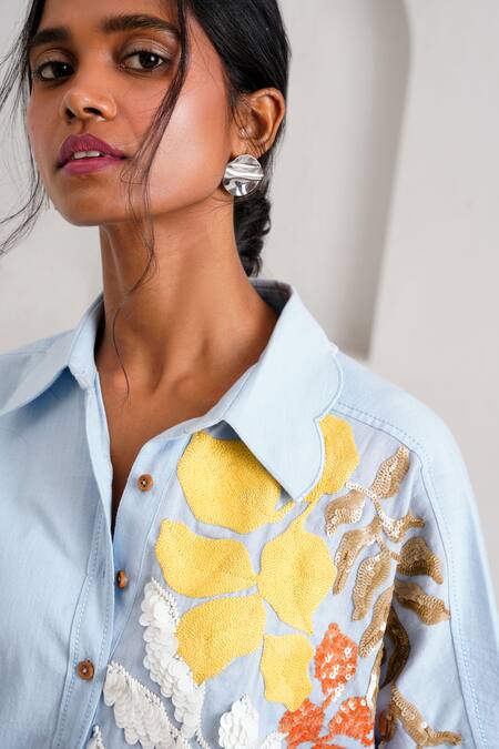 Madder Much Blue Handloom Cotton Embroidery, Sequins Collared Suri Limitless Love Dress Online at Aza Fashions Madder Much_Blue Handloom Cotton Embroidery, Sequins Collared Suri Limitless Love Dress _Online_at_Aza_Fashions