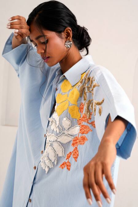 Buy Madder Much Blue Handloom Cotton Embroidery, Sequins Collared Suri Limitless Love Dress Online at Aza Fashions Buy_Madder Much_Blue Handloom Cotton Embroidery, Sequins Collared Suri Limitless Love Dress _Online_at_Aza_Fashions