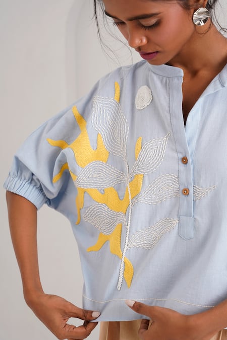 Buy_Madder Much_Blue Handloom Cotton Sequins, Terra Full Moon Boxy Top With Pleated Pant _Online_at_Aza_Fashions