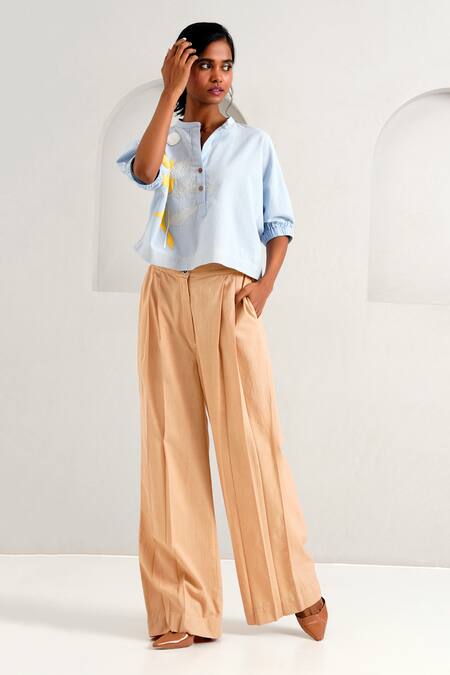 Shop_Madder Much_Blue Handloom Cotton Sequins, Terra Full Moon Boxy Top With Pleated Pant _Online_at_Aza_Fashions