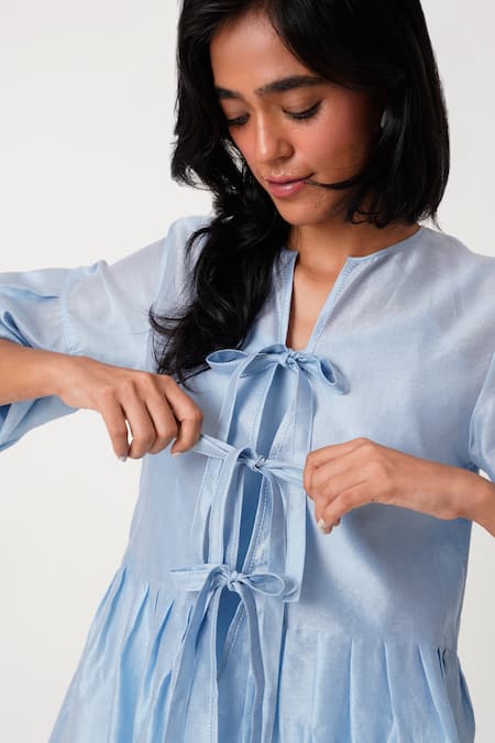 Shop_Madder Much_White Chanderi, Handloom Cotton Round Toni Pleated Peplum Top And Flared Pant Set _Online_at_Aza_Fashions