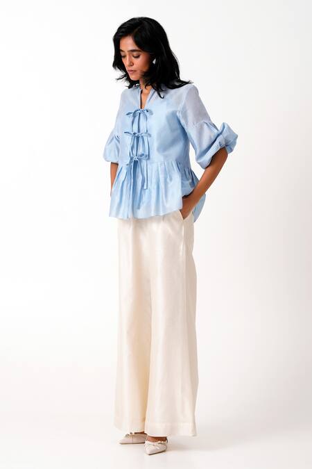 Madder Much_White Chanderi, Handloom Cotton Round Toni Pleated Peplum Top And Flared Pant Set _at_Aza_Fashions