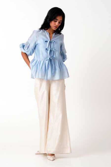 Buy_Madder Much_White Chanderi, Handloom Cotton Round Toni Pleated Peplum Top And Flared Pant Set 