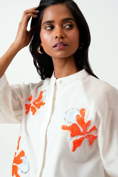 Shop Madder Much Ivory Handloom Cotton Sequins Collared Zola Embroidered Crop Shirt Online at Aza Fashions Shop_Madder Much_Ivory Handloom Cotton Sequins Collared Zola Embroidered Crop Shirt _Online_at_Aza_Fashions