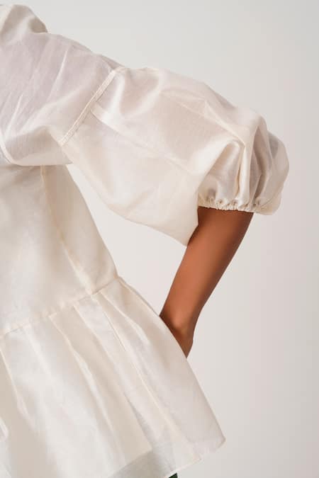 Shop_Madder Much_Ivory Chanderi, Handloom Toni Pleated Tie Up Peplum Top And Flared Pant Set _Online_at_Aza_Fashions