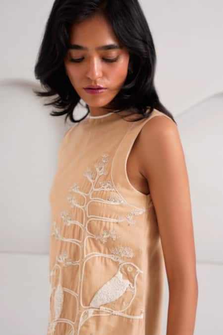 Buy_Madder Much_Brown Handloom Cotton Sequins, Embroidery Round Chase Midtown Asymmetric Dress _Online_at_Aza_Fashions