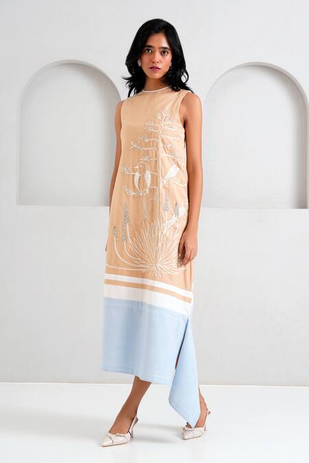 Shop_Madder Much_Brown Handloom Cotton Sequins, Embroidery Round Chase Midtown Asymmetric Dress _Online_at_Aza_Fashions