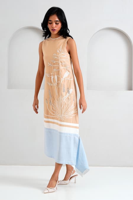 Madder Much_Brown Handloom Cotton Sequins, Embroidery Round Chase Midtown Asymmetric Dress _at_Aza_Fashions