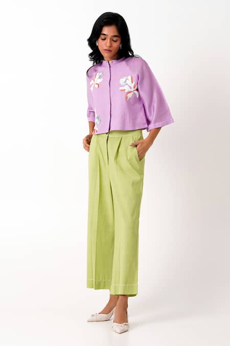 Madder Much_Purple Chanderi, Zola Embroidered Ranglan Sleeve Crop Shirt With Pleated Pant _at_Aza_Fashions