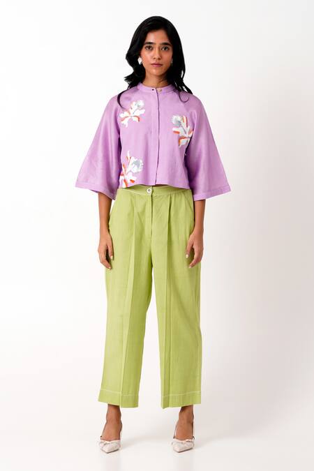 Shop_Madder Much_Purple Chanderi, Zola Embroidered Ranglan Sleeve Crop Shirt With Pleated Pant 