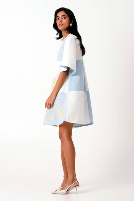 Madder Much_Multi Color Handloom Cotton Embroidery, Beads Keyhole Lora Checks A-line Dress _at_Aza_Fashions