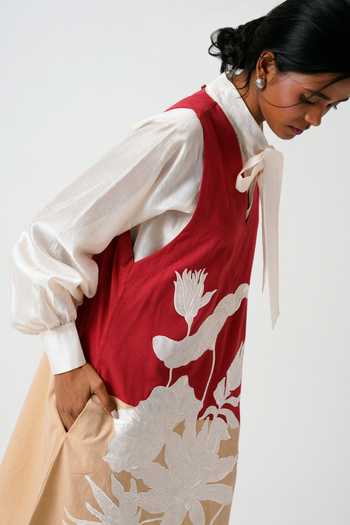MADDER MUCH_Red Chanderi, Handloom Cotton Madder Melody A-line Dress With Tie Up Shirt _Online_at_Aza_Fashions