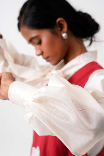 Shop_MADDER MUCH_Red Chanderi, Handloom Cotton Madder Melody A-line Dress With Tie Up Shirt _Online_at_Aza_Fashions