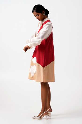 MADDER MUCH_Red Chanderi, Handloom Cotton Madder Melody A-line Dress With Tie Up Shirt _at_Aza_Fashions