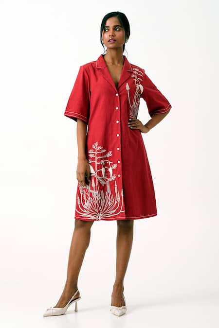 Madder Much Red Handloom Cotton Embroidery Thread Lapel Madder Taiwo Bird Shirt Dress 