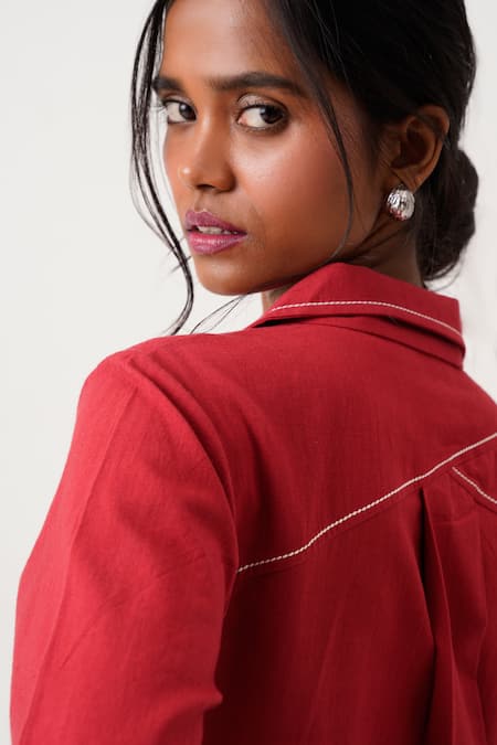 Buy_Madder Much_Red Handloom Cotton Embroidery Collared Madder Taiwo Bird Shirt Dress _Online_at_Aza_Fashions