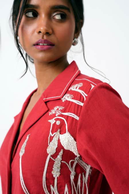 Shop_Madder Much_Red Handloom Cotton Embroidery Collared Madder Taiwo Bird Shirt Dress _Online_at_Aza_Fashions