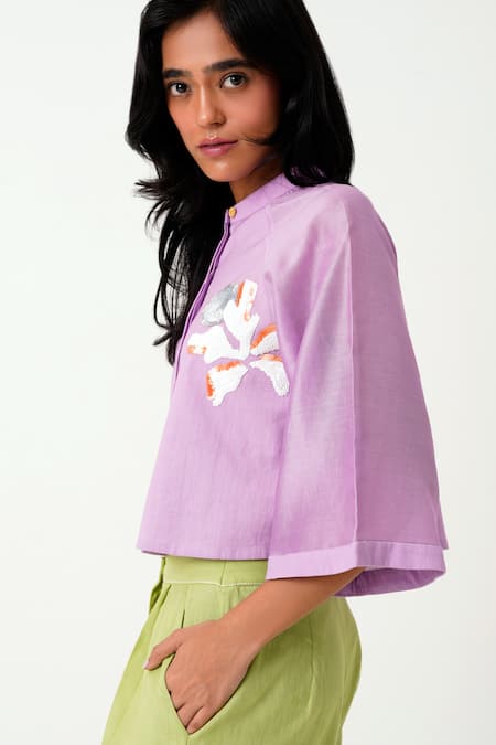 Madder Much_Purple Chanderi, Handloom Cotton Zola Embroidered Ranglan Sleeve Crop Shirt _Online_at_Aza_Fashions