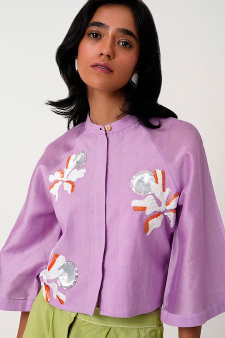 Buy_Madder Much_Purple Chanderi, Handloom Cotton Zola Embroidered Ranglan Sleeve Crop Shirt _Online_at_Aza_Fashions