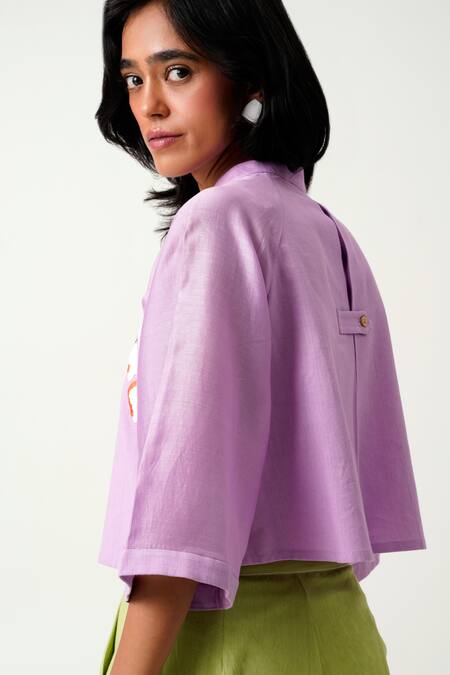 Shop_Madder Much_Purple Chanderi, Handloom Cotton Zola Embroidered Ranglan Sleeve Crop Shirt _Online_at_Aza_Fashions