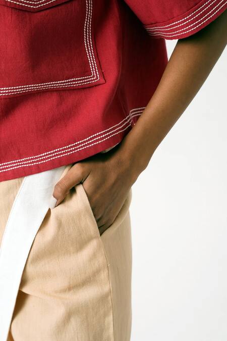 Madder Much Red Handloom Cotton Embroidery Collared Blake And Tom Crop Top With Skort at Aza Fashions Madder Much_Red Handloom Cotton Embroidery Collared Blake And Tom Crop Top With Skort _at_Aza_Fashions