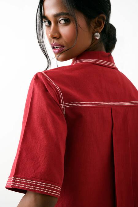 Buy Madder Much Red Handloom Cotton Embroidery Collared Blake And Tom Crop Top With Skort Buy_Madder Much_Red Handloom Cotton Embroidery Collared Blake And Tom Crop Top With Skort