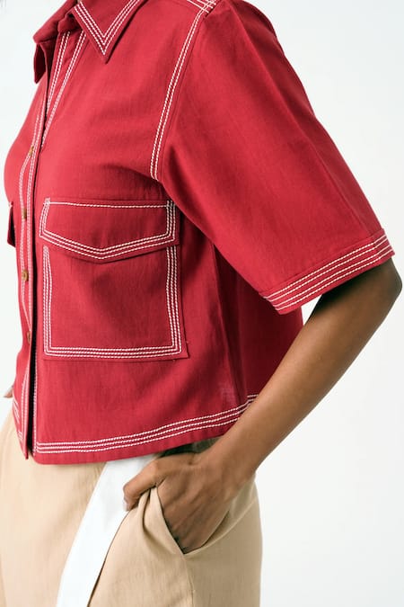 Buy_Madder Much_Red Handloom Cotton Embroidery Collared Blake And Tom Crop Top _Online_at_Aza_Fashions