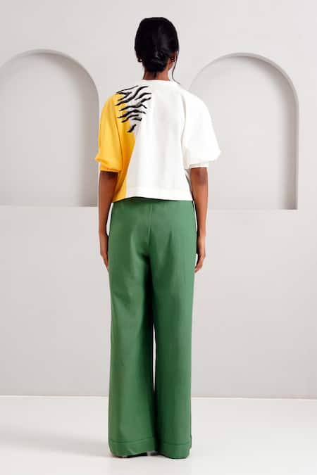 Shop Madder Much Green Handloom Cotton Terra Pleated Straight Pant at Aza Fashions Shop_Madder Much_Green Handloom Cotton Terra Pleated Straight Pant _at_Aza_Fashions