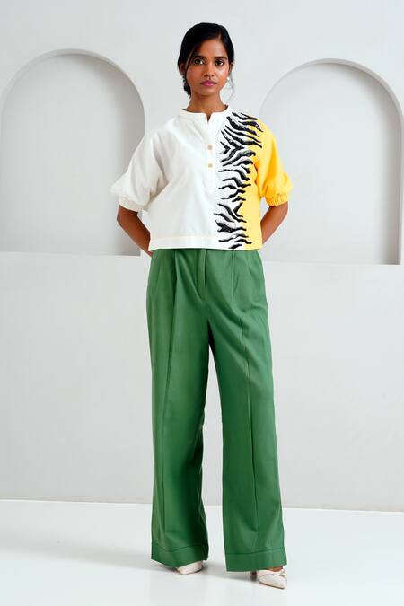 Madder Much Green Handloom Cotton Terra Pleated Straight Pant Online at Aza Fashions Madder Much_Green Handloom Cotton Terra Pleated Straight Pant _Online_at_Aza_Fashions