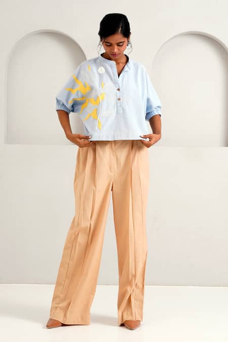 Shop Madder Much Brown Handloom Cotton Terra Pleated Straight Long Pant at Aza Fashions Shop_Madder Much_Brown Handloom Cotton Terra Pleated Straight Long Pant _at_Aza_Fashions