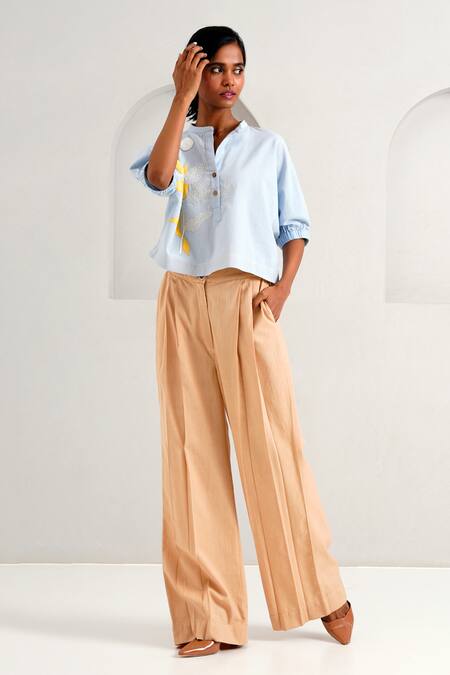 Madder Much Brown Handloom Cotton Terra Pleated Straight Long Pant Online at Aza Fashions Madder Much_Brown Handloom Cotton Terra Pleated Straight Long Pant _Online_at_Aza_Fashions