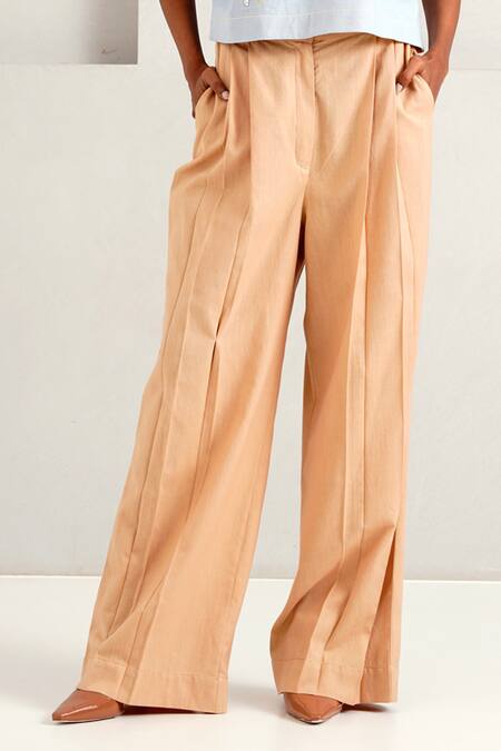 Buy Madder Much Brown Handloom Cotton Terra Pleated Straight Long Pant Online at Aza Fashions Buy_Madder Much_Brown Handloom Cotton Terra Pleated Straight Long Pant _Online_at_Aza_Fashions