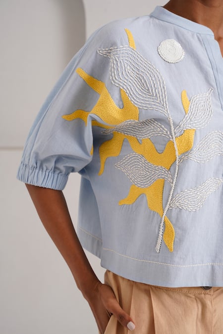 Madder Much_Blue Handloom Cotton Sequins, Embroidery Bandeau Neck Terra Full Moon Boxy Top _Online_at_Aza_Fashions