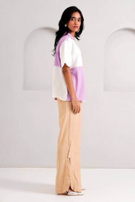 Shop Madder Much Beige Handloom Cotton Embroidery Roxy And Vince Button Up Pant Online at Aza Fashions Shop_Madder Much_Beige Handloom Cotton Embroidery Roxy And Vince Button Up Pant _Online_at_Aza_Fashions