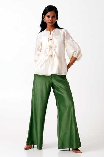 MADDER MUCH_Green Chanderi Toni Woven Flared Pant _Online_at_Aza_Fashions