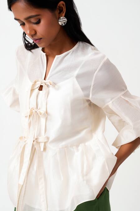 Madder Much_Ivory Handloom Cotton Round Neck Toni Woven Peplum Top With Inner _Online_at_Aza_Fashions